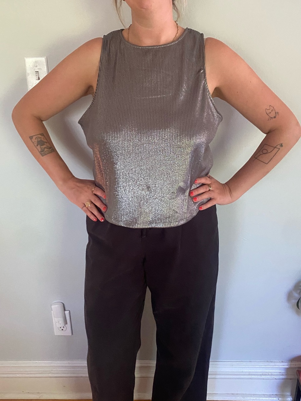 Shimmery Metallic Silver Sleeveless Crop Top - Women